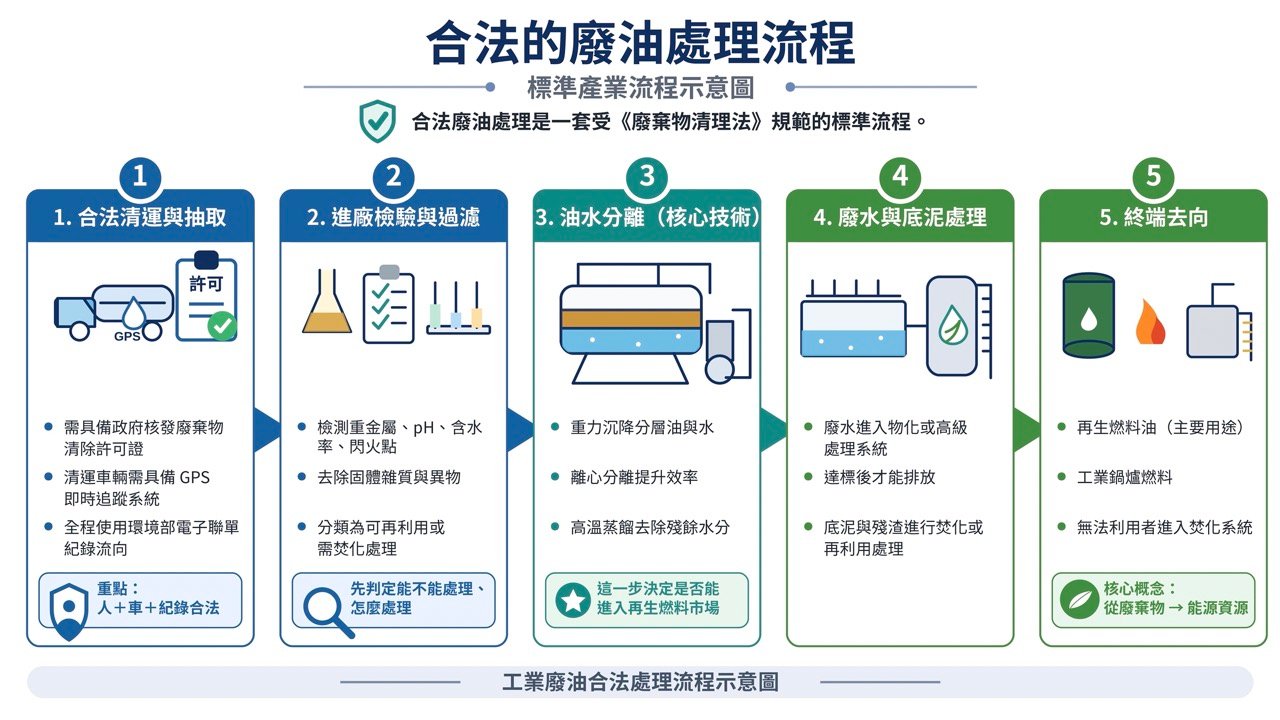 船舶廢油合法處理流程示意圖（抽取、分離、再利用）